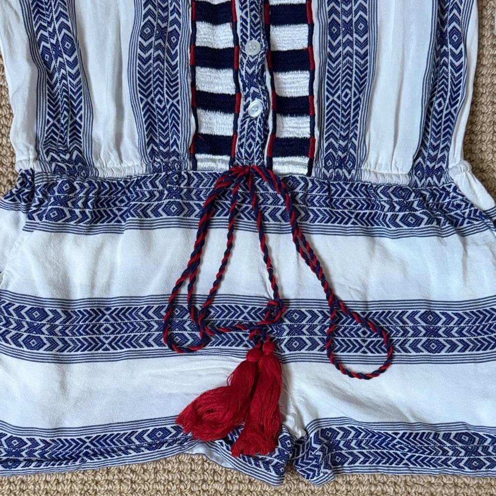 Bindu Blue White Boho Romper Embroidered Tassel Drawstring M Pockets - Picture 4 of 7